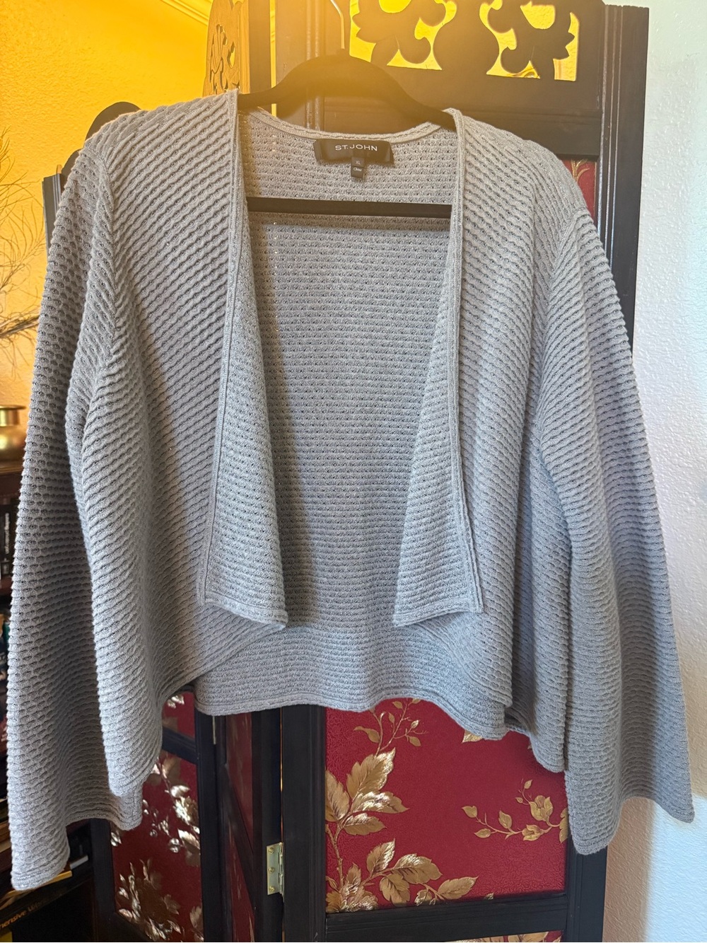 St. John Coll. Metallic Shimmer Ribbed Draped Open Front Cardigan Taupe-Sz XL